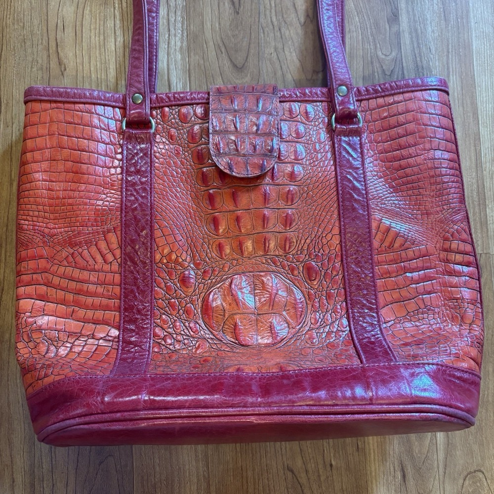 Vintage Brahmin Style Red/Orange Leather Croc Embossed Tote Purse Shoulder Bag